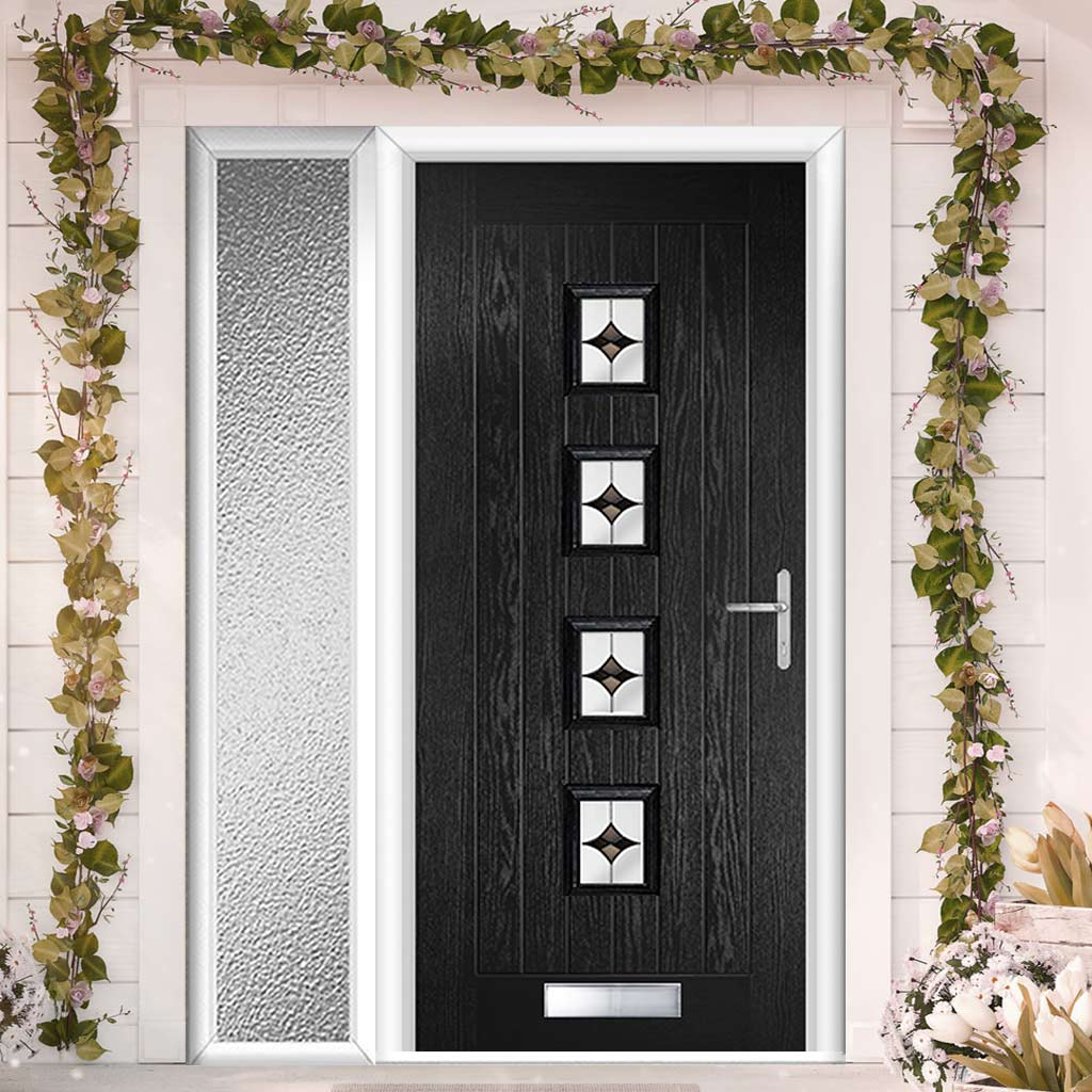 Country Style Aruba 4 Composite Front Door Set with Single Side Screen - Central Laptev Black Glass - Shown in Black