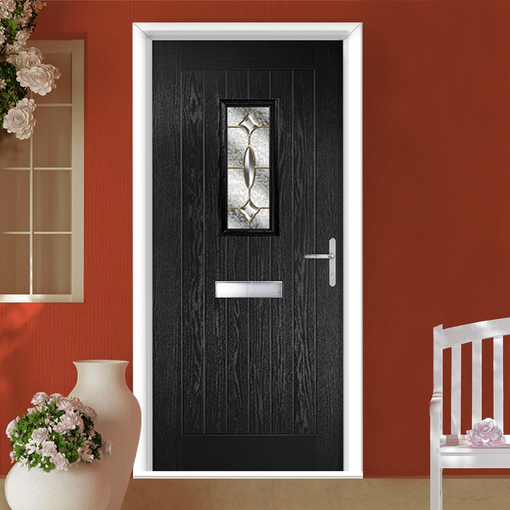 Country Style Catalina 1 Composite Front Door Set with Clarity Brass Glass - Shown in Black
