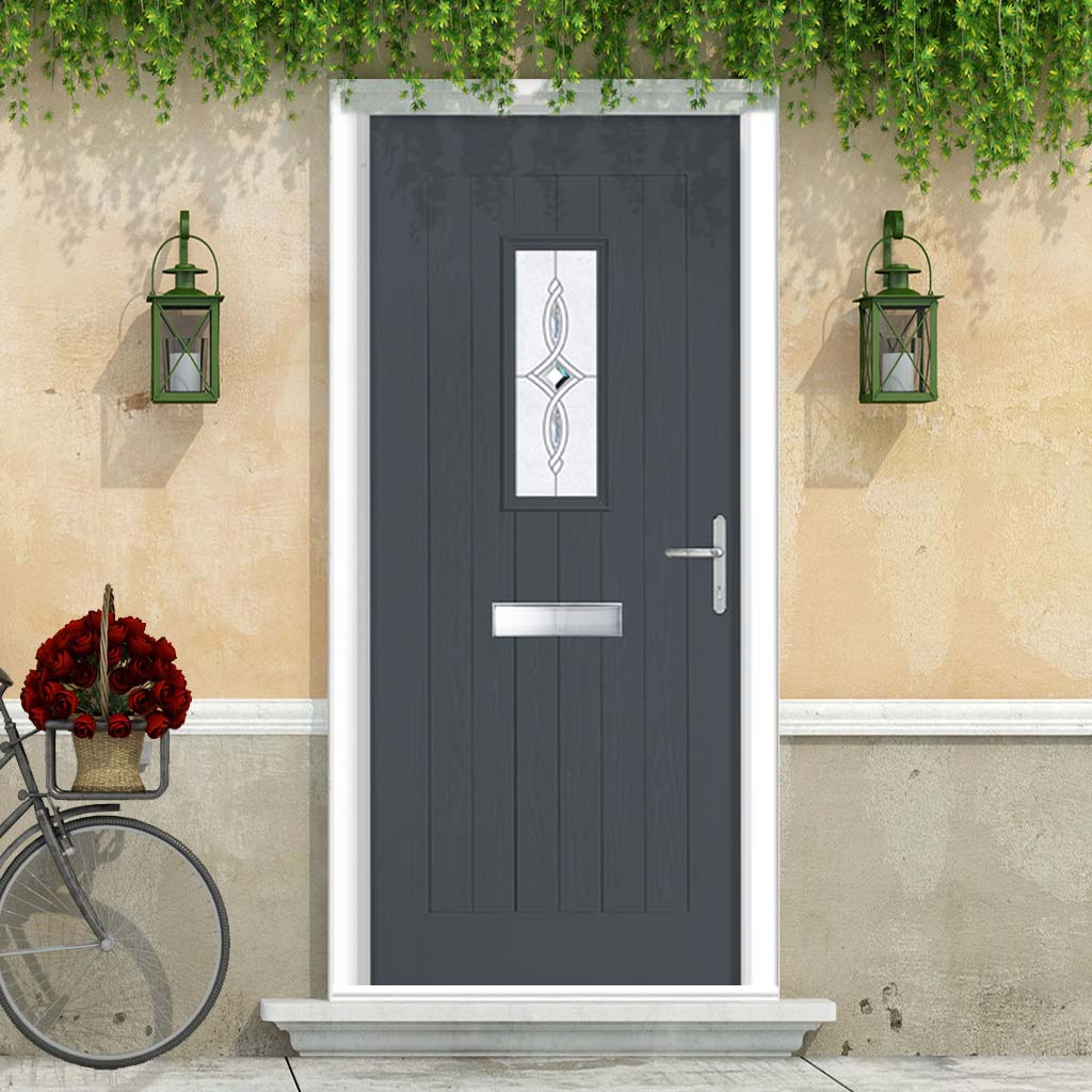 Country Style Catalina 1 Composite Front Door Set with Pusan Glass - Shown in Slate Grey