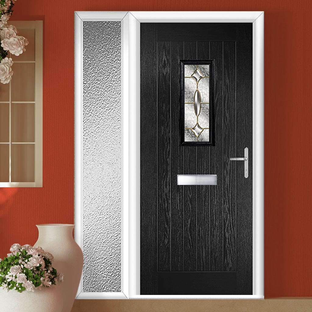 Country Style Catalina 1 Composite Front Door Set with Single Side Screen - Clarity Brass Glass - Shown in Black