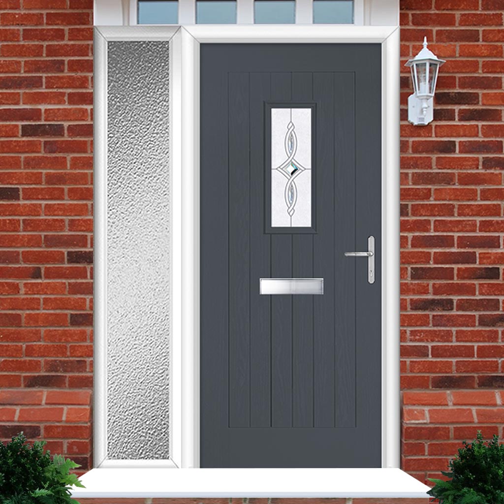 Country Style Catalina 1 Composite Front Door Set with Single Side Screen - Pusan Glass - Shown in Slate Grey