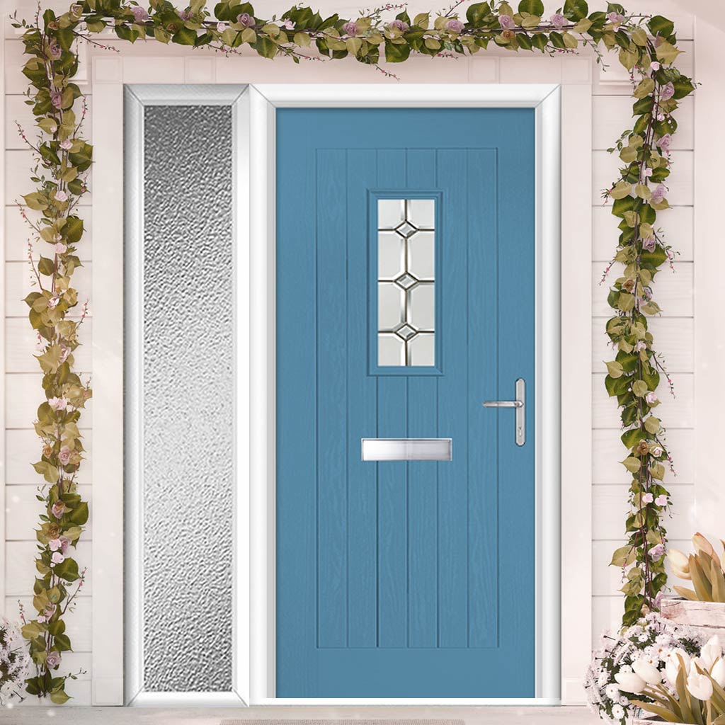 Country Style Catalina 1 Composite Front Door Set with Single Side Screen - Mirage Glass - Shown in Pastel Blue