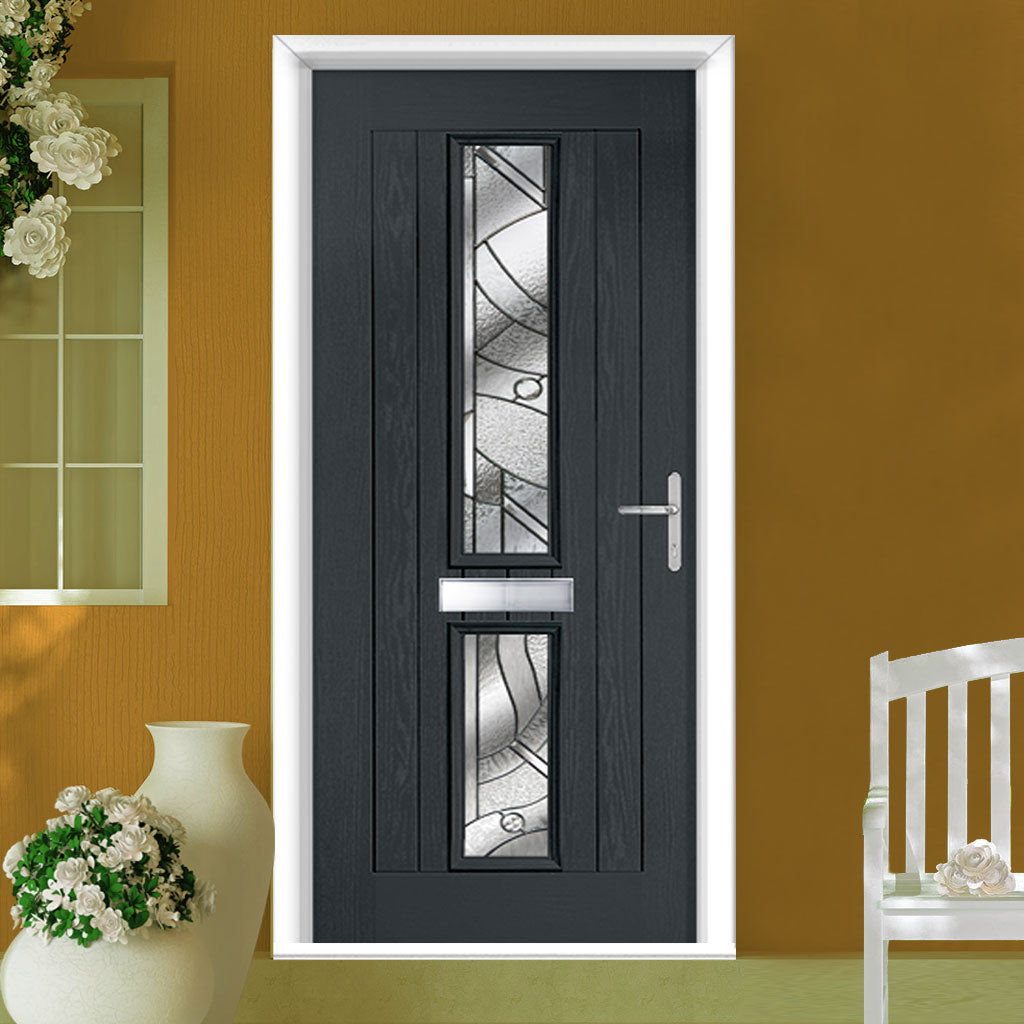 Country Style Debonaire 2 Composite Front Door Set with Central Abstract Glass - Shown in Anthracite Grey