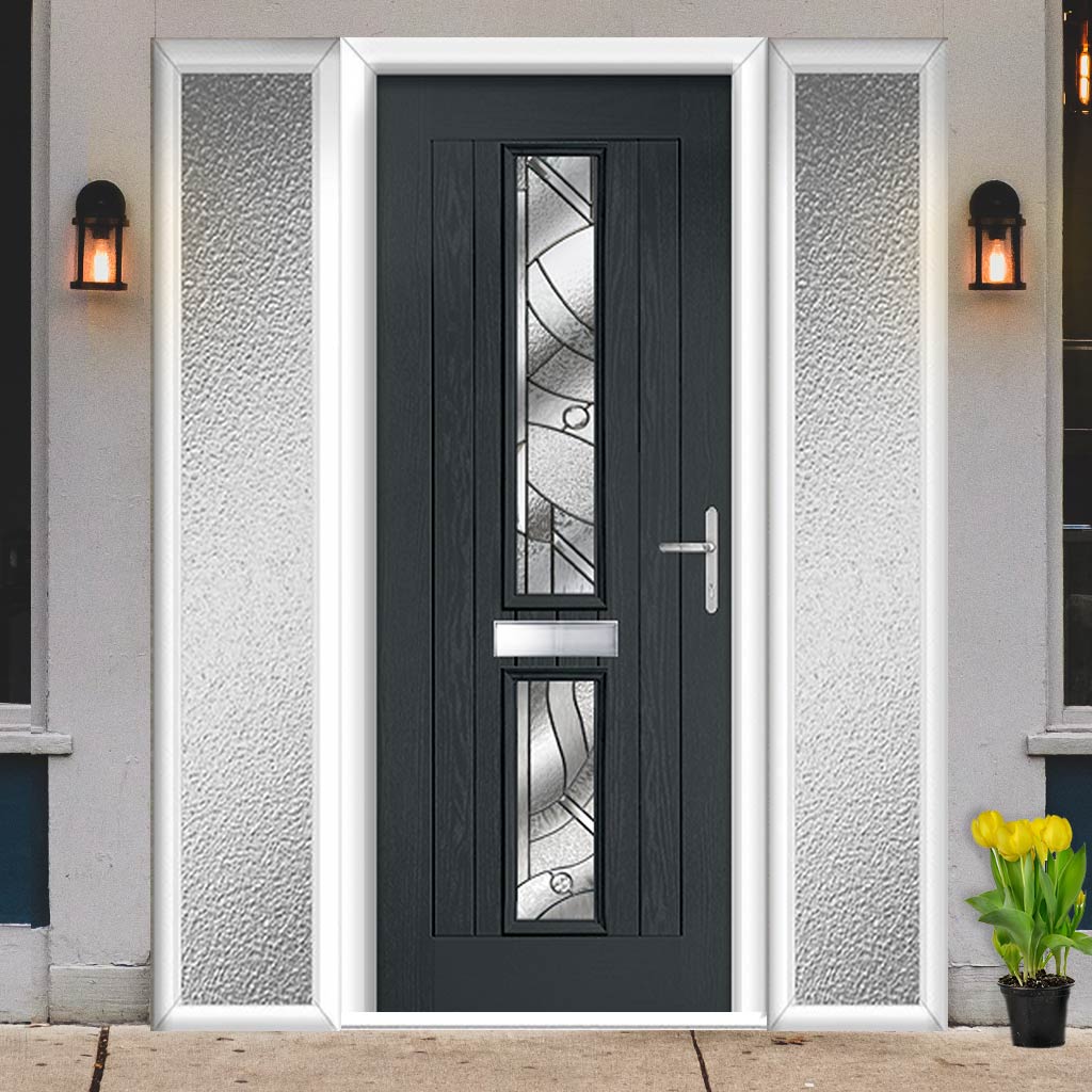 Country Style Debonaire 2 Composite Front Door Set with Double Side Screen - Central Abstract Glass - Shown in Anthracite Grey