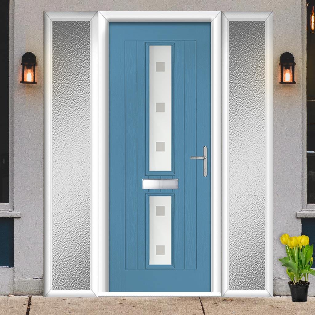 Country Style Debonaire 2 Composite Front Door Set with Double Side Screen - Central Sandblast Ellie Glass - Shown in Pastel Blue