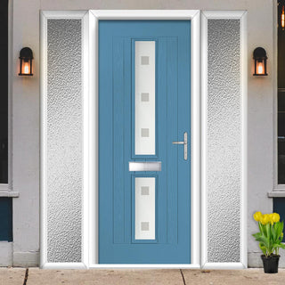 Image: Country Style Debonaire 2 Composite Front Door Set with Double Side Screen - Central Sandblast Ellie Glass - Shown in Pastel Blue