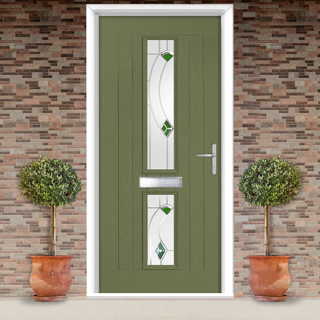 Country Style Debonaire 2 Composite Front Door Set with Central Kupang Green Glass - Shown in Reed Green