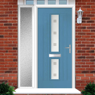 Image: Country Style Debonaire 2 Composite Front Door Set with Single Side Screen - Central Sandblast Ellie Glass - Shown in Pastel Blue