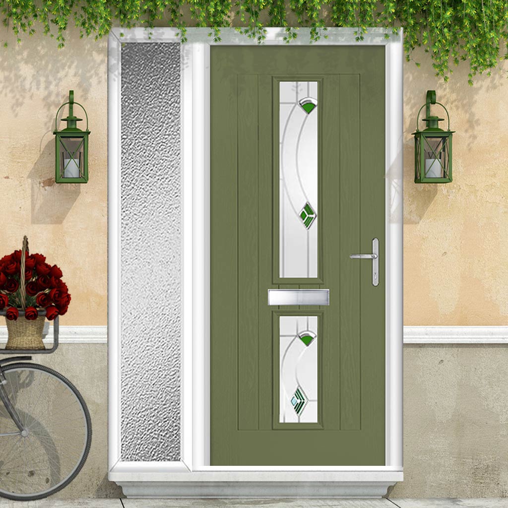 Country Style Debonaire 2 Composite Front Door Set with Single Side Screen - Central Kupang Green Glass - Shown in Reed Green