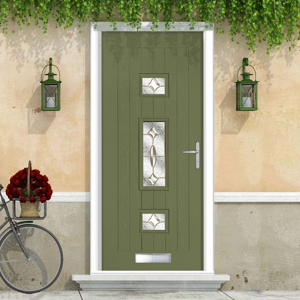 Country Style Firenza 3 Composite Front Door Set with Clarity Brass Glass - Shown in Reed Green