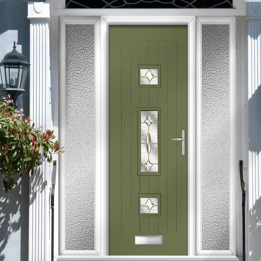 Country Style Firenza 3 Composite Front Door Set with Double Side Screen - Clarity Brass Glass - Shown in Reed Green