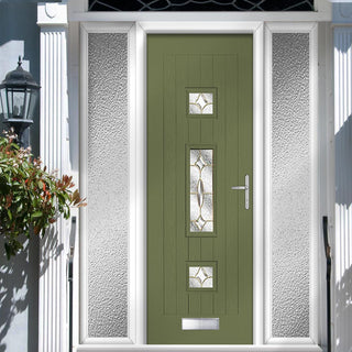Image: Country Style Firenza 3 Composite Front Door Set with Double Side Screen - Clarity Brass Glass - Shown in Reed Green
