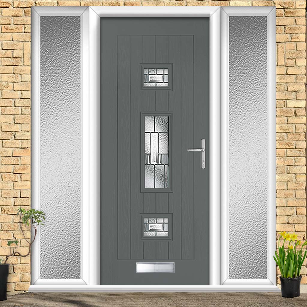 Country Style Firenza 3 Composite Front Door Set with Double Side Screen - Central Prairie Glass - Shown in Mouse Grey