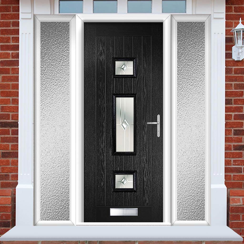 Country Style Firenza 3 Composite Front Door Set with Double Side Screen - Central Roma Glass - Shown in Black