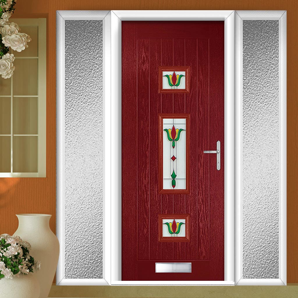 Country Style Firenza 3 Composite Front Door Set with Double Side Screen - Central Whitton Victoria Glass - Shown in Red