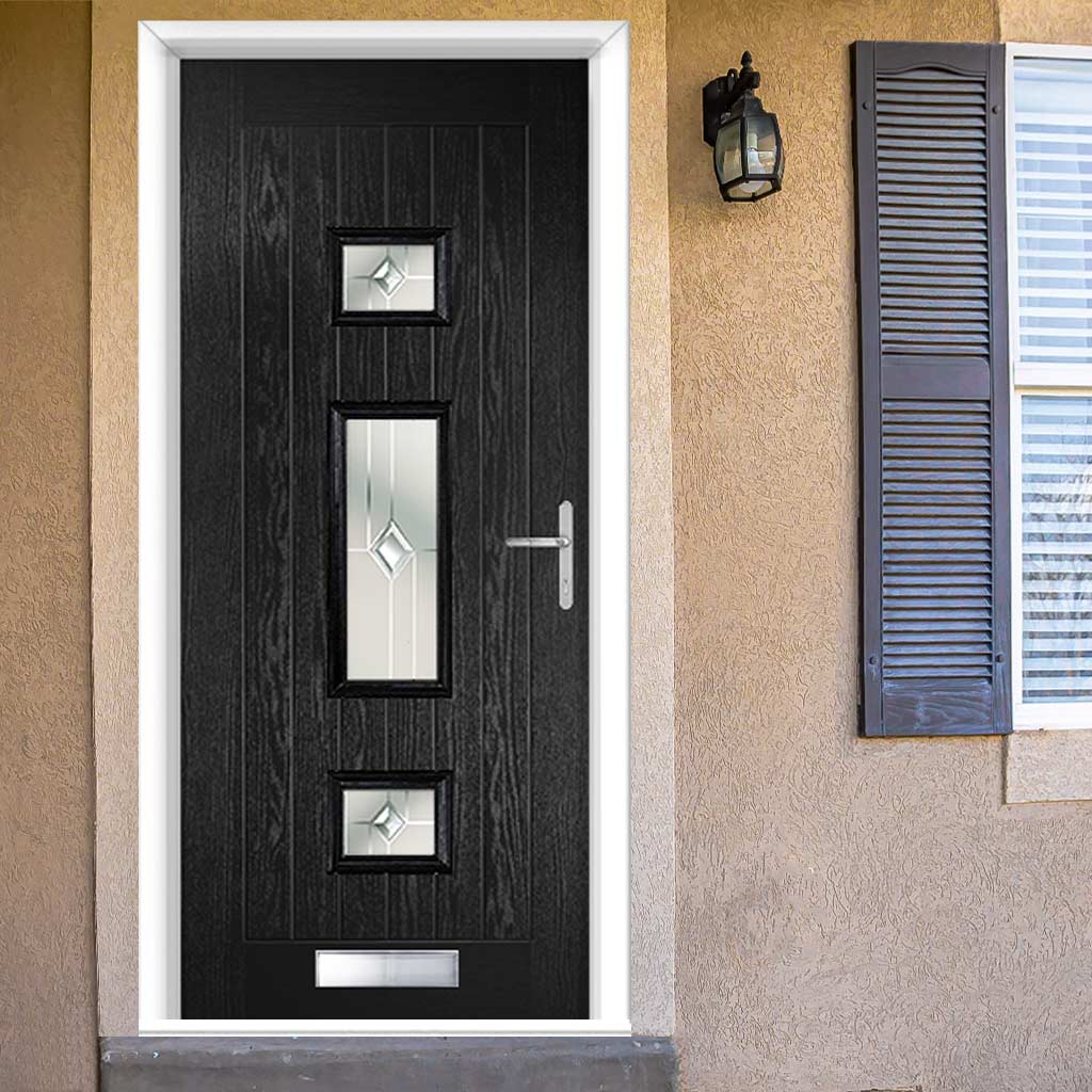 Country Style Firenza 3 Composite Front Door Set with Central Roma Glass - Shown in Black