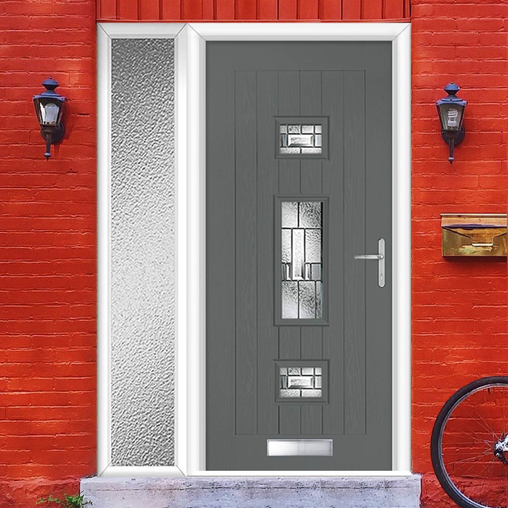 Country Style Firenza 3 Composite Front Door Set with Single Side Screen - Central Prairie Glass - Shown in Mouse Grey