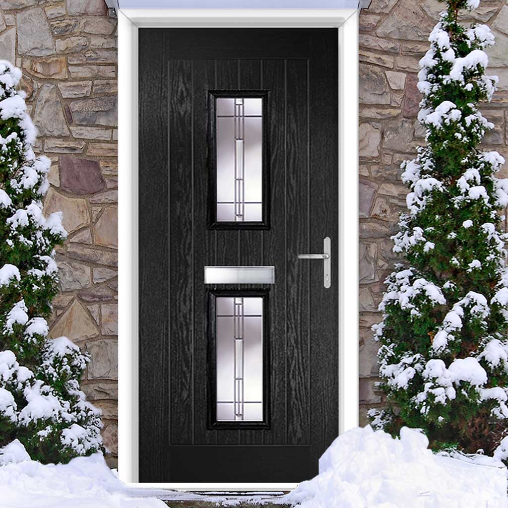 Country Style Seville 2 Composite Front Door Set with Barite Glass - Shown in Black