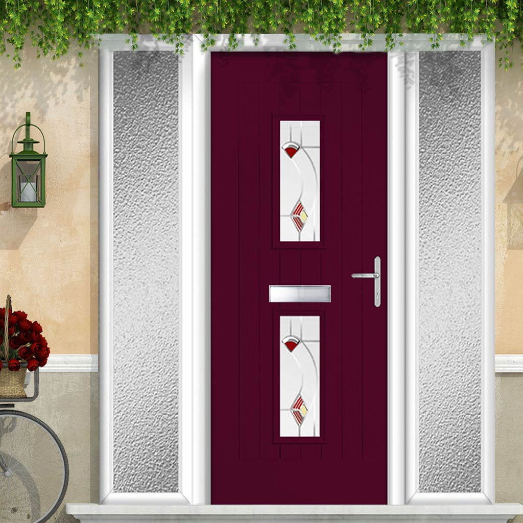 Country Style Seville 2 Composite Front Door Set with Double Side Screen - Kupang Red Glass - Shown in Purple Violet