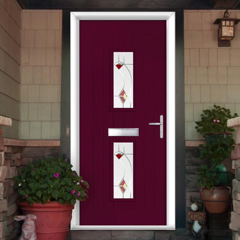 Country Style Seville 2 Composite Front Door Set with Kupang Red Glass - Shown in Purple Violet