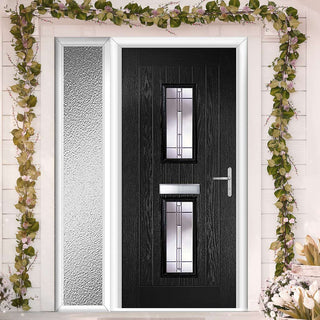 Image: Country Style Seville 2 Composite Front Door Set with Single Side Screen - Barite Glass - Shown in Black