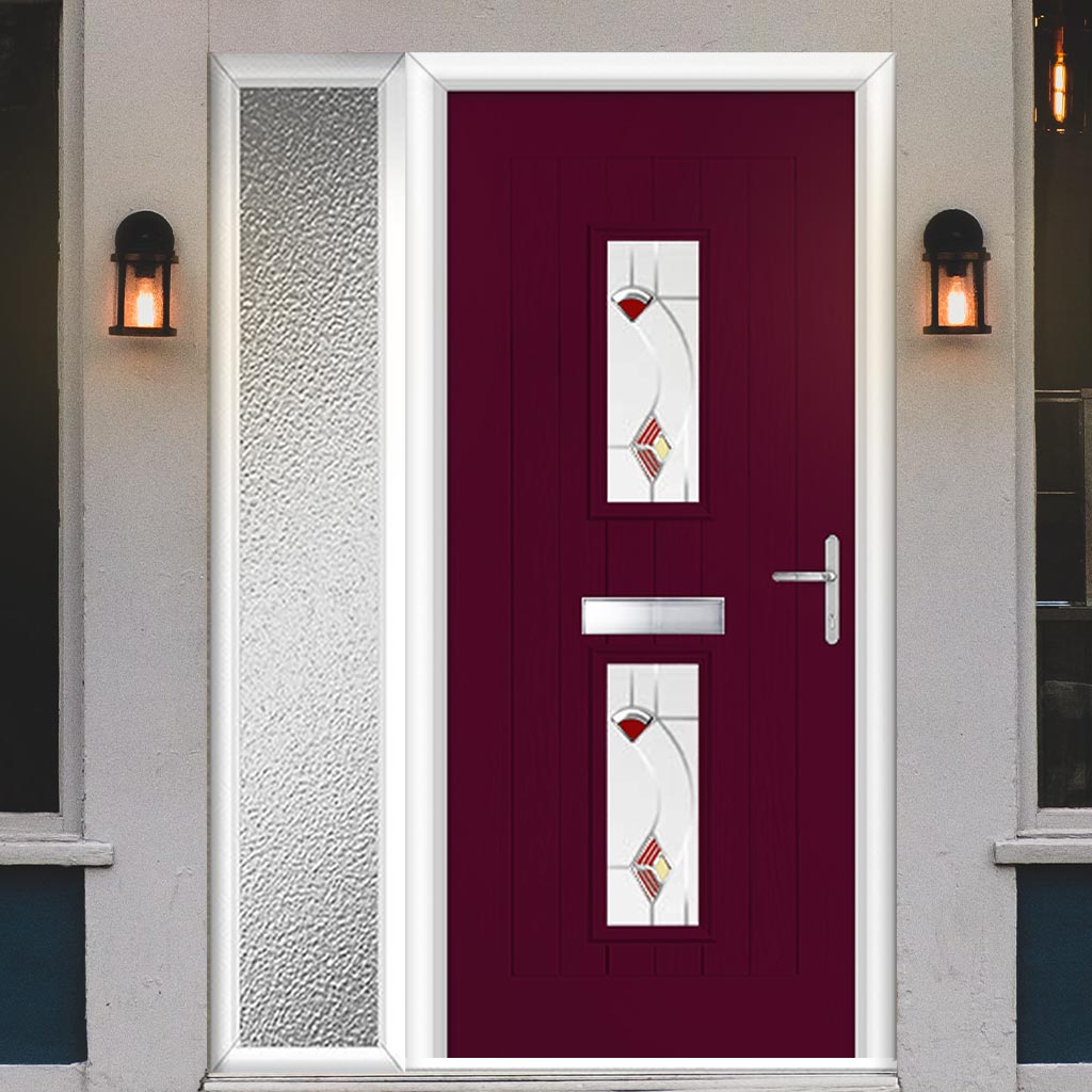 Country Style Seville 2 Composite Front Door Set with Single Side Screen - Kupang Red Glass - Shown in Purple Violet