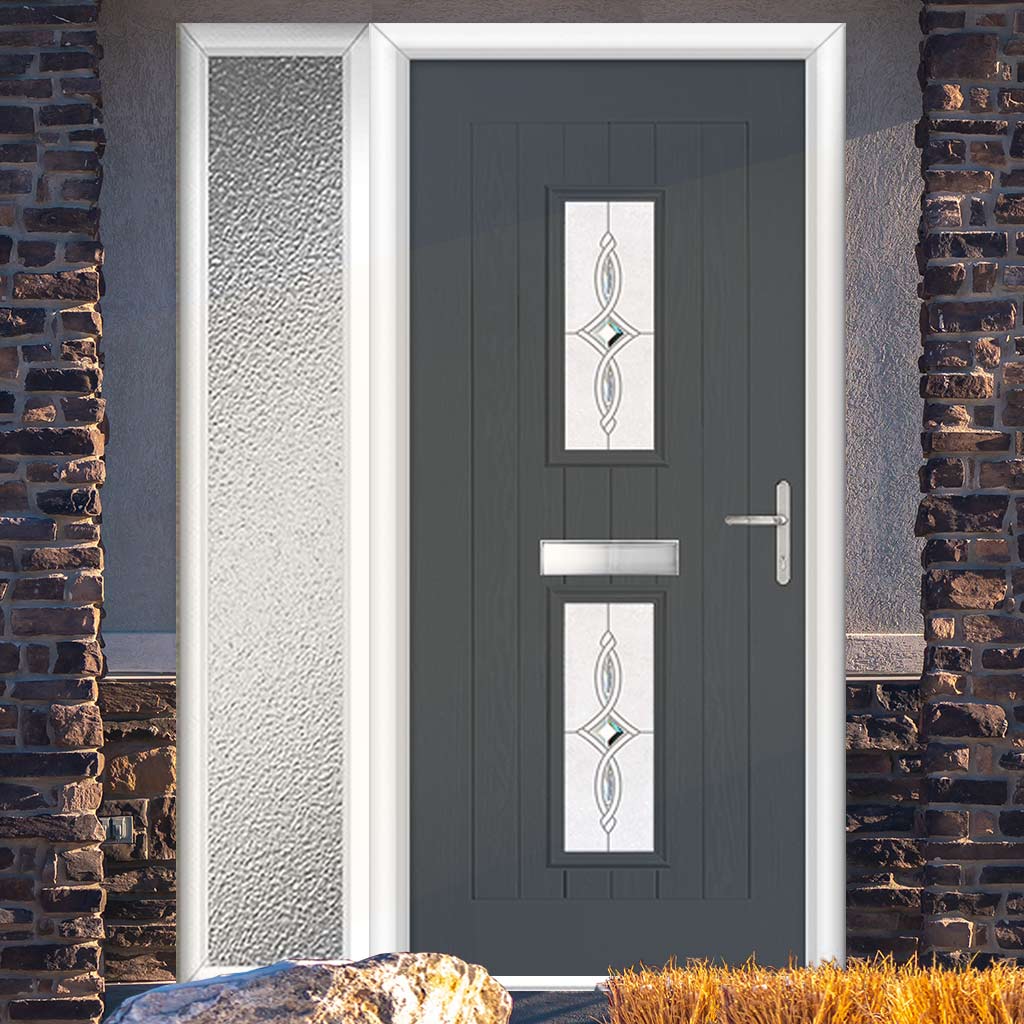 Country Style Seville 2 Composite Front Door Set with Single Side Screen - Pusan Glass - Shown in Slate Grey