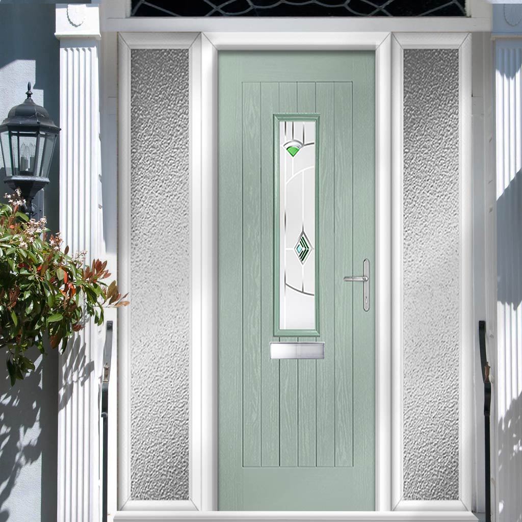 Country Style Tortola 1 Composite Front Door Set with Double Side Screen - Murano Green Glass - Shown in Chartwell Green