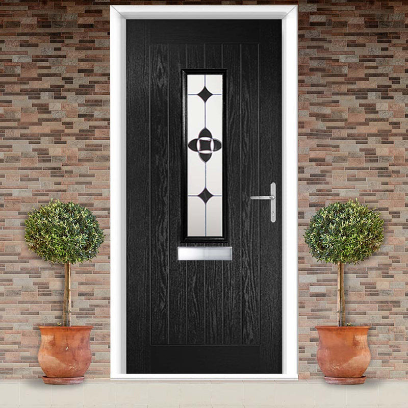 Country Style Tortola 1 Composite Front Door Set with Palopo Black Glass - Shown in Black
