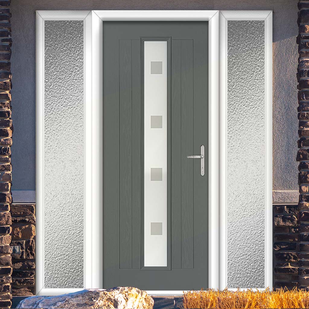 Country Style Uracco 1 Composite Front Door Set with Double Side Screen - Handle Side Ellie Glass - Shown in Mouse Grey