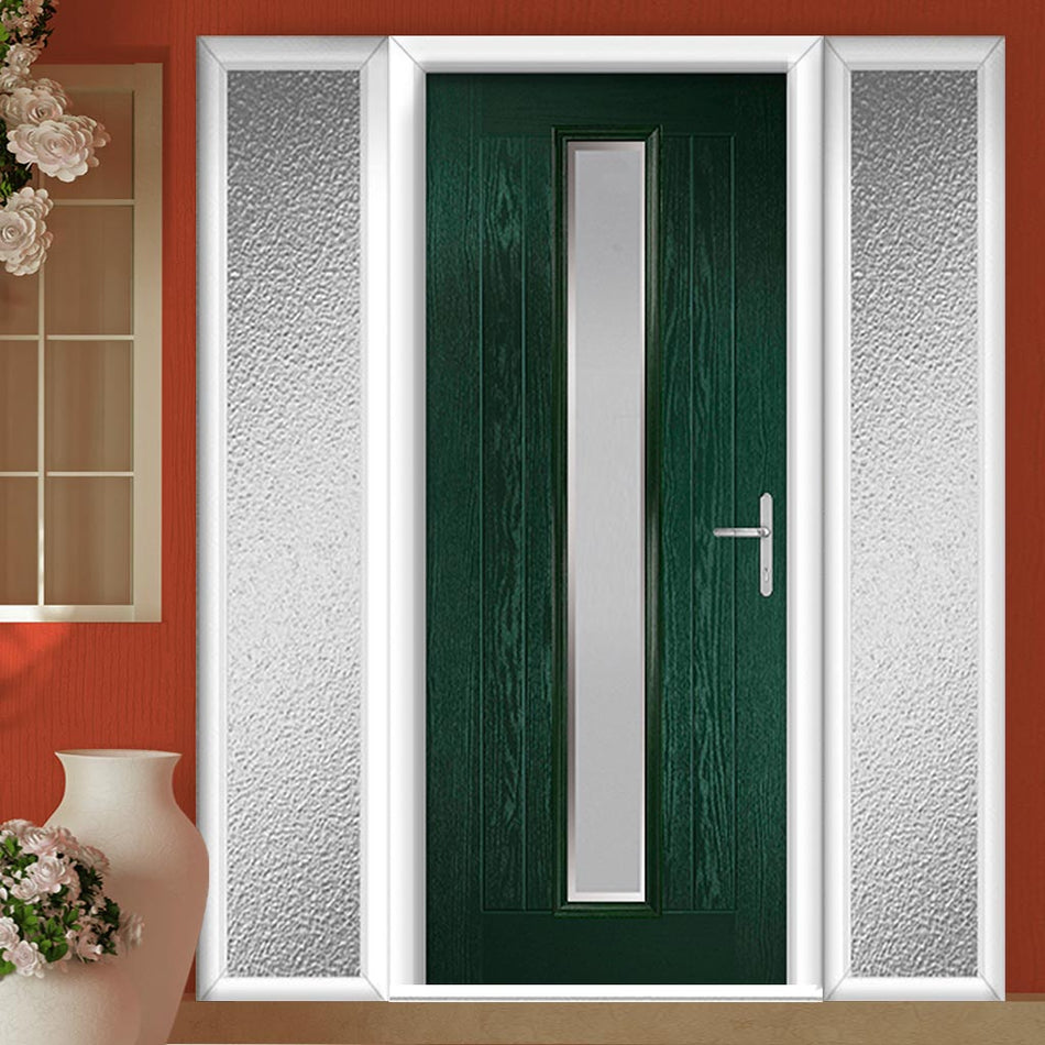 Country Style Uracco 1 Composite Front Door Set with Double Side Screen - Handle Side Ice Edge Glass - Shown in Green