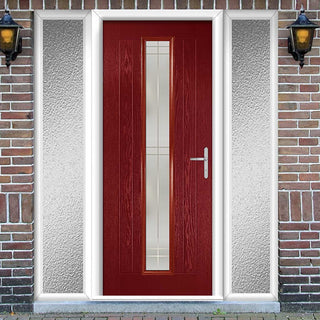Image: Country Style Uracco 1 Composite Front Door Set with Double Side Screen - Handle Side Linear Glass - Shown in Red