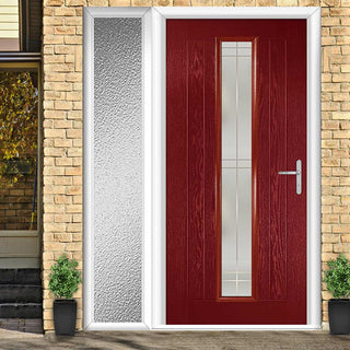 Image: Country Style Uracco 1 Composite Front Door Set with Single Side Screen - Handle Side Linear Glass - Shown in Red