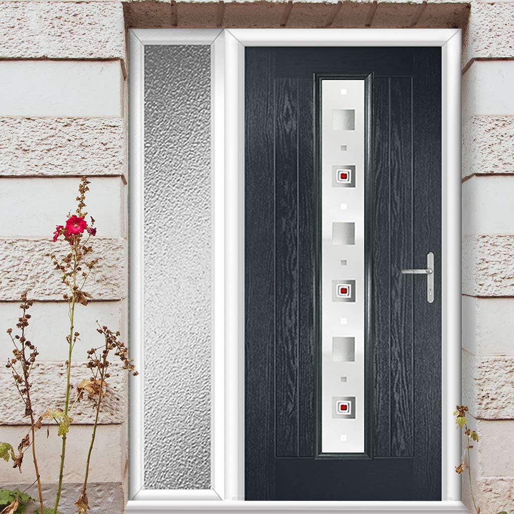 Country Style Uracco 1 Composite Front Door Set with Single Side Screen - Central Tahoe Red Glass - Shown in Anthracite Grey