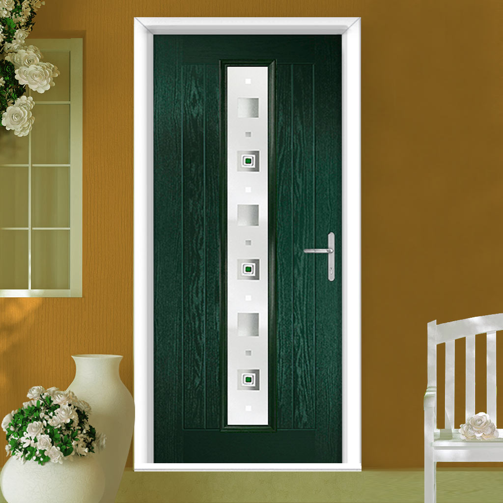 Country Style Uracco 1 Composite Front Door Set with Central Tahoe Green Glass - Shown in Green
