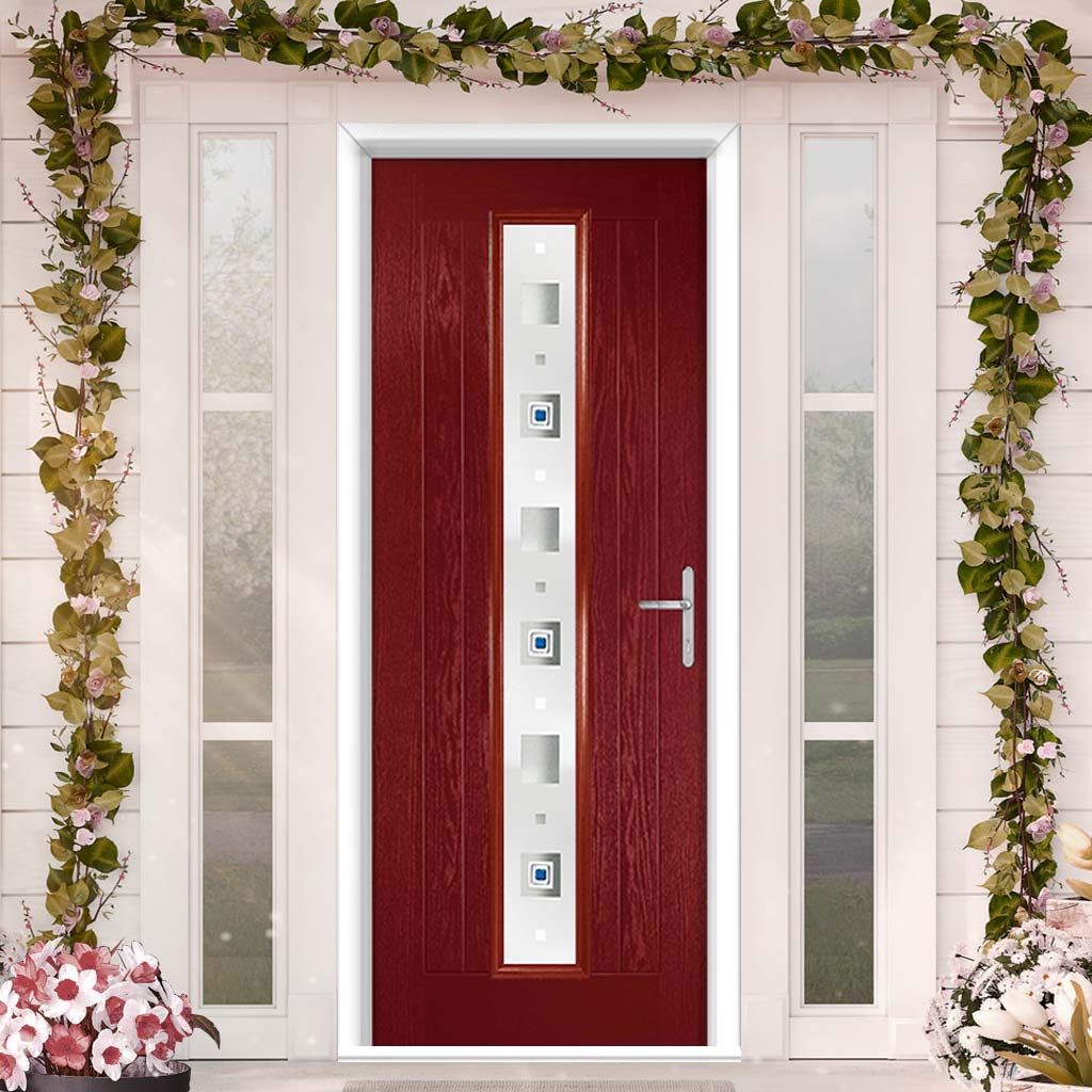 Country Style Uracco 1 Composite Front Door Set with Central Tahoe Blue Glass - Shown in Red
