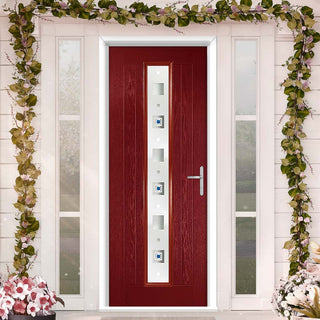 Image: Country Style Uracco 1 Composite Front Door Set with Central Tahoe Blue Glass - Shown in Red