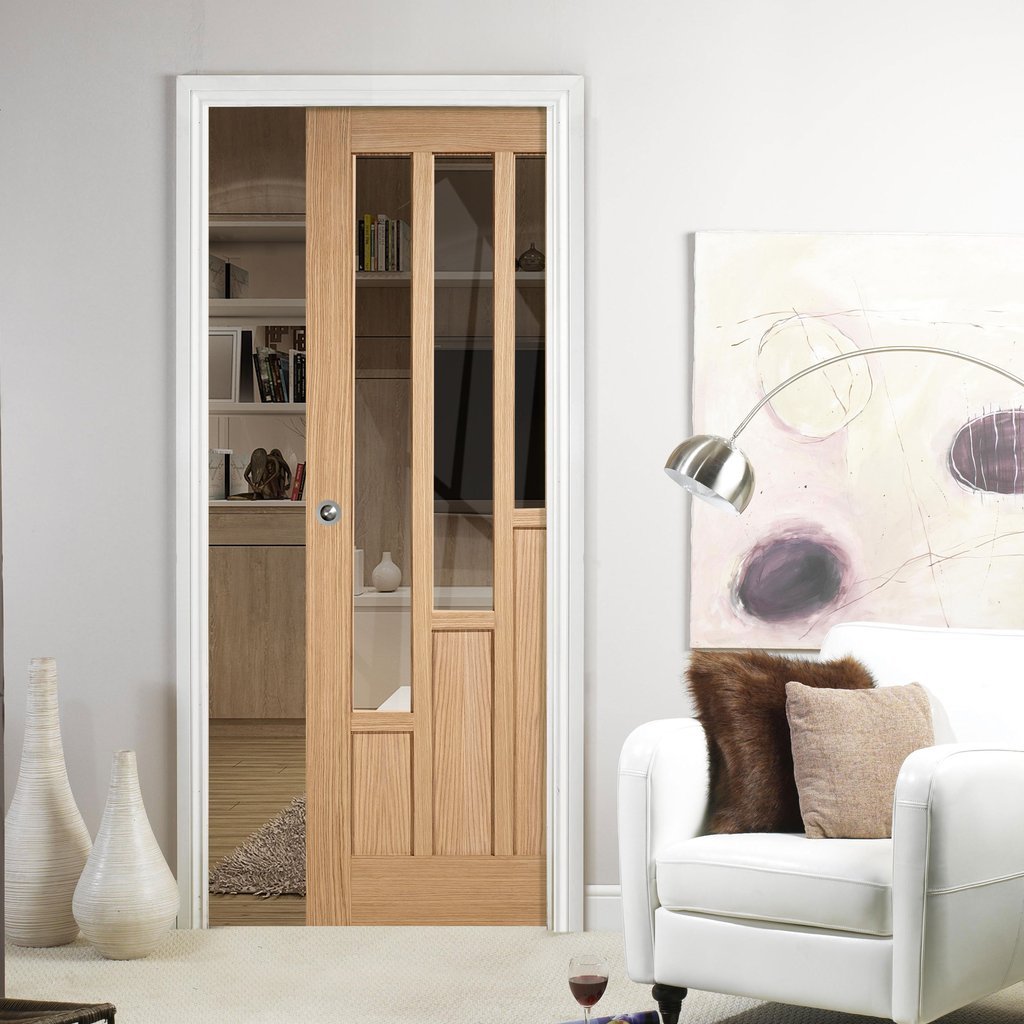 Coventry Contemporary Oak Single Evokit Pocket Door - Clear Glass