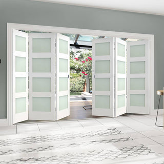 Image: Six Folding Doors & Frame Kit - Coventry Shaker 3+3 - Frosted Glass - White Primed
