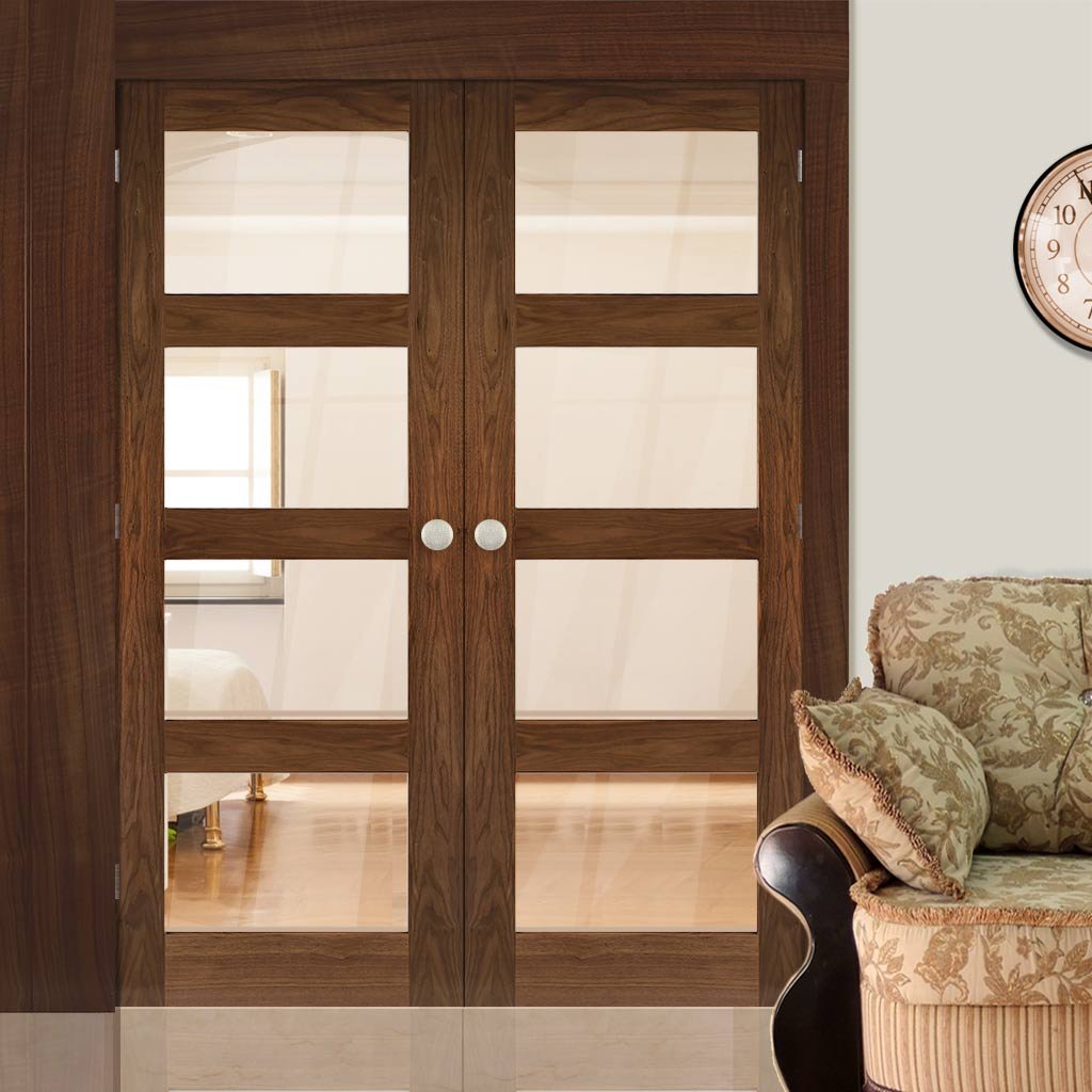 Coventry Walnut Prefinished Shaker Style Door Pair - Clear Glass