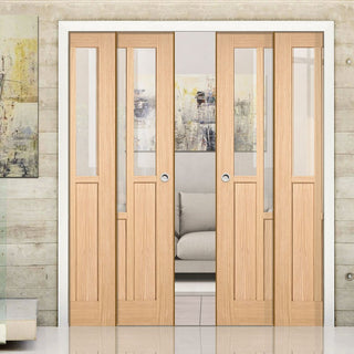 Image: Coventry Contemporary Oak Veneer Staffetta Quad Telescopic Pocket Doors - Clear Glass