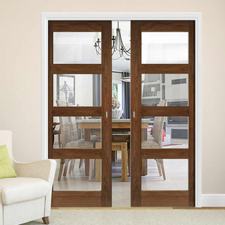 Image: Coventry Walnut Shaker Style Double Evokit Pocket Doors - Clear Glass - Prefinished