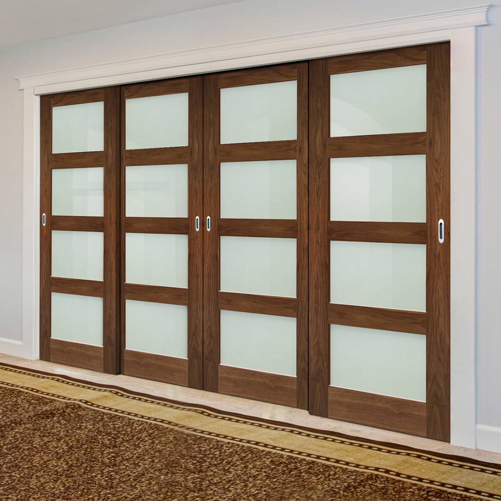 Pass-Easi Four Sliding Doors and Frame Kit - Coventry Prefinished Walnut Shaker Style Door - Frosted Glass