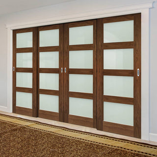 Image: Pass-Easi Four Sliding Doors and Frame Kit - Coventry Prefinished Walnut Shaker Style Door - Frosted Glass