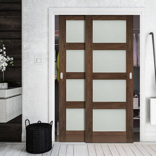 Image: Two Sliding Maximal Wardrobe Doors & Frame Kit - Coventry Prefinished Walnut Shaker Style Door - Frosted Glass