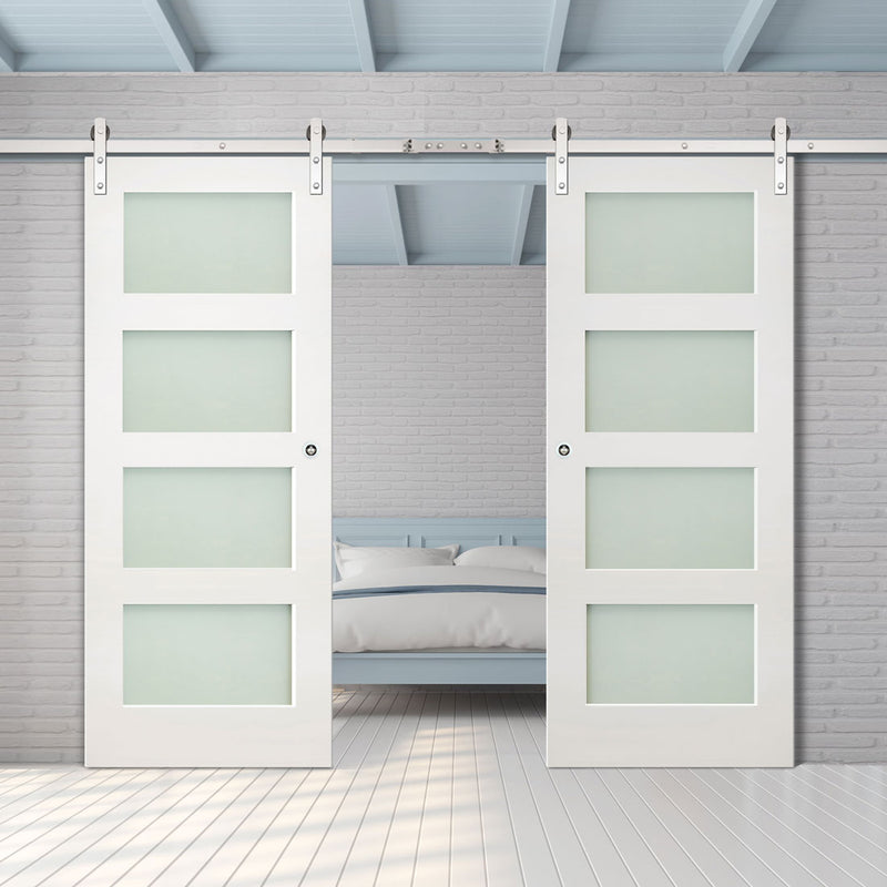 Double Sliding Door & Stainless Barn Steel Track - Coventry White Primed Shaker Door - Frosted Glass