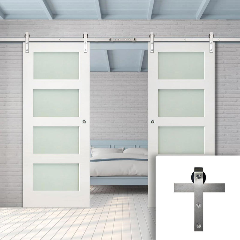 Double Sliding Door & Stainless Barn Steel Track - Coventry White Primed Shaker Door - Frosted Glass