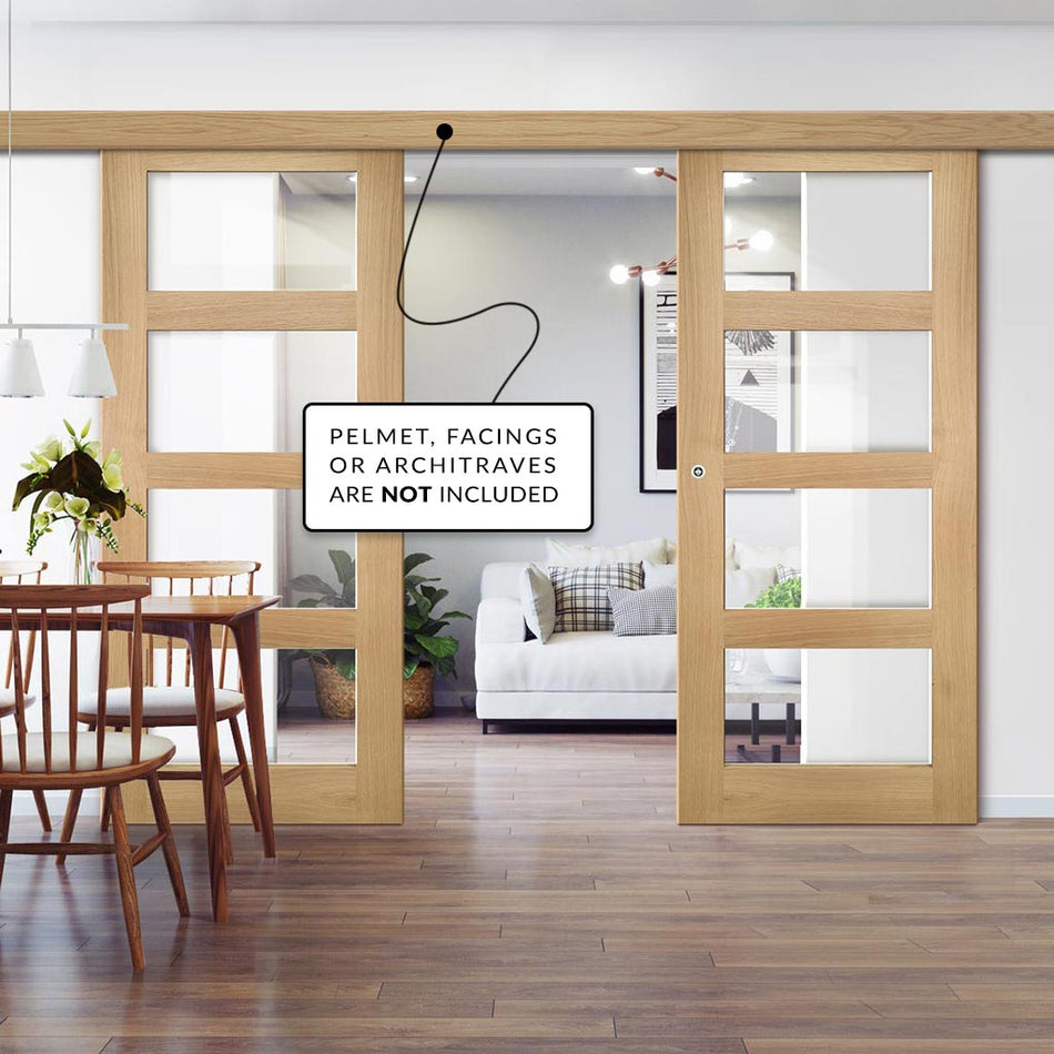 Double Sliding Door & Wall Track - Coventry Shaker Style Oak Door - Clear Glass - Unfinished