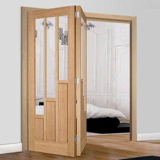 Image: Two Folding Doors & Frame Kit - Coventry Contemporary Oak 2+0 - Clear Glass - Unfinished