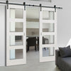 Double Sliding Door & Black Barn Track - Coventry White Primed Shaker Door - Clear Glass